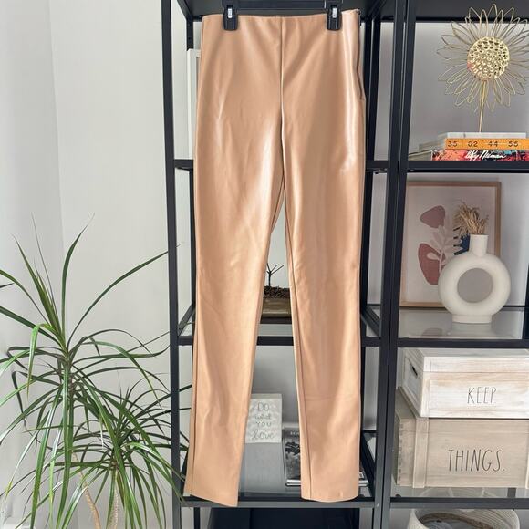 Zara Beige Camel Tan Faux Leather Slim Leg High Rise Pant Hem Slit Women’s Small - Picture 3 of 12